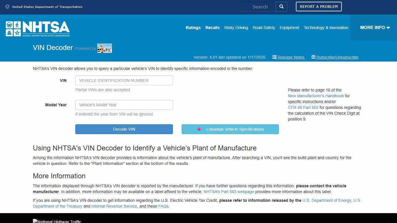Welcome to VIN Decoding :: provided by vPIC